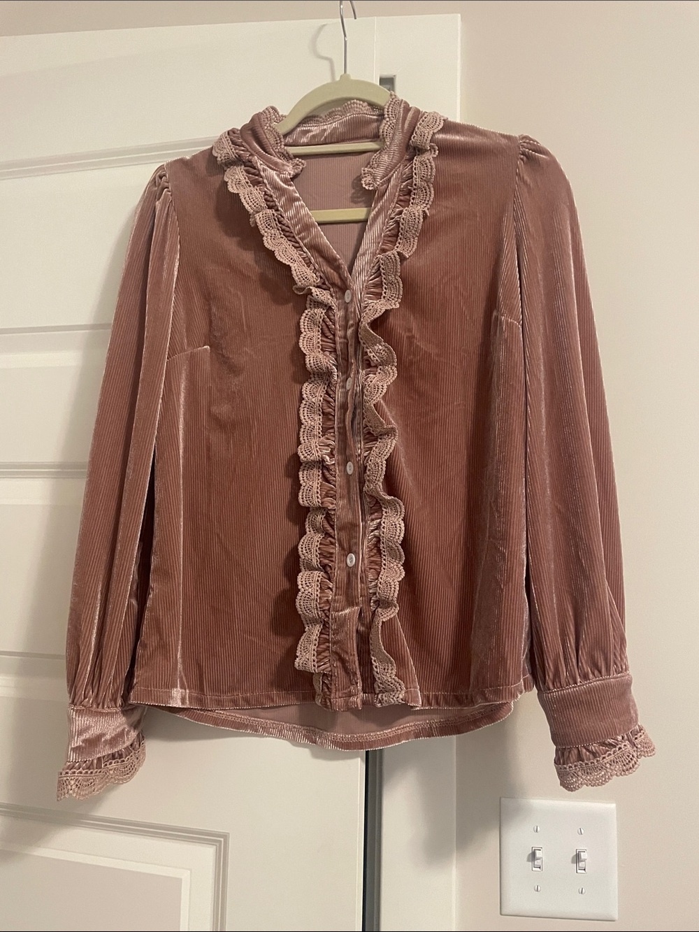 Velvet Ruffle Button-Front Shirt - Dusty Rose